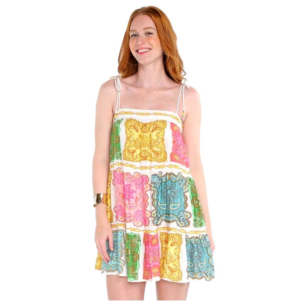 Farm Rio Scarf Print Mini Dress M Multicolor Tiered Beaded Tie Strap Gold